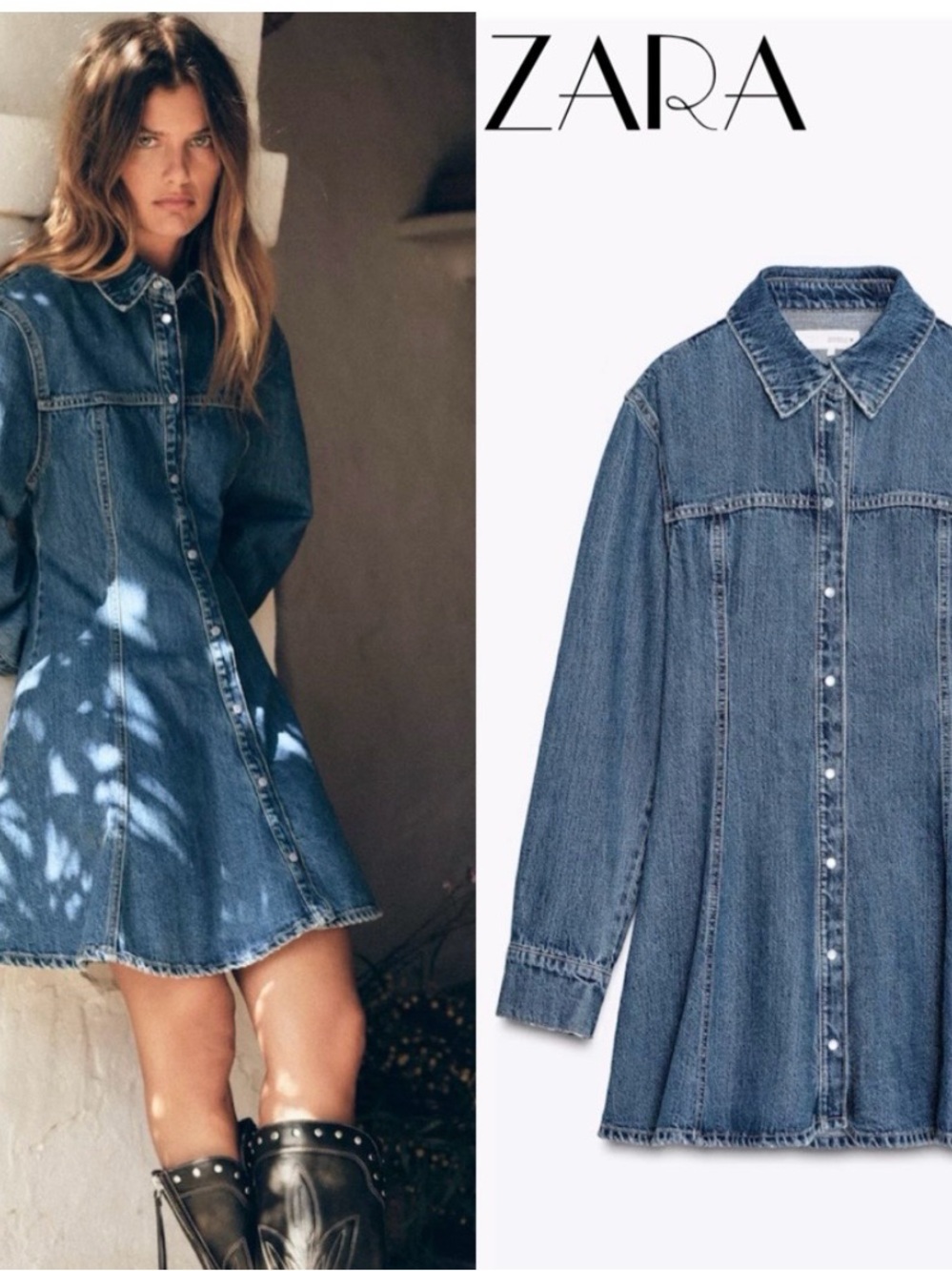 Zara Denim Long-Sleeve Shirt Dress in Medium Blue